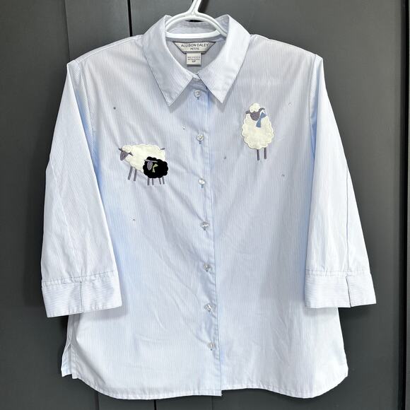 Vtg Allison Daley Cotton Blend Pinstripe Button Shirt 3/4 Sleeve 12P Sheep Bling - Picture 4 of 10